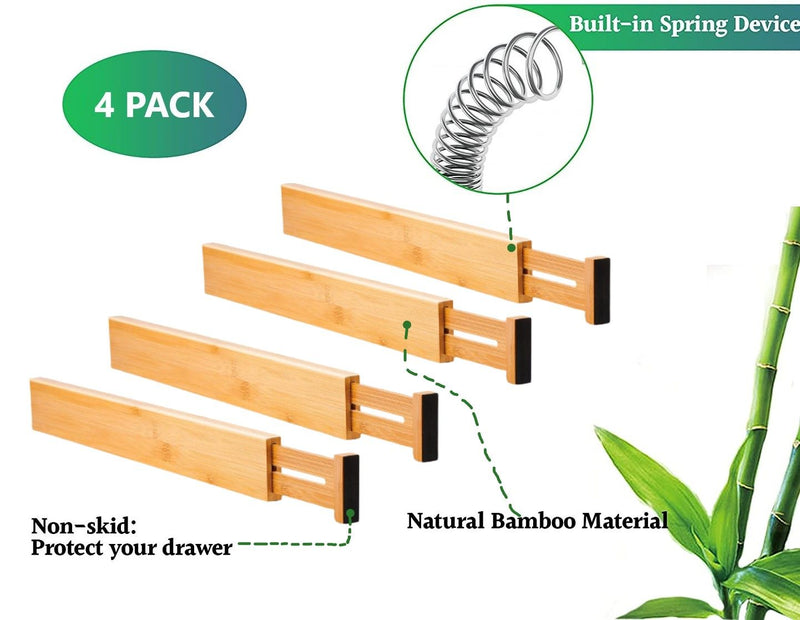 4 Bamboo Adjustable Kitchen Drawer Dividers (Large, 44-55