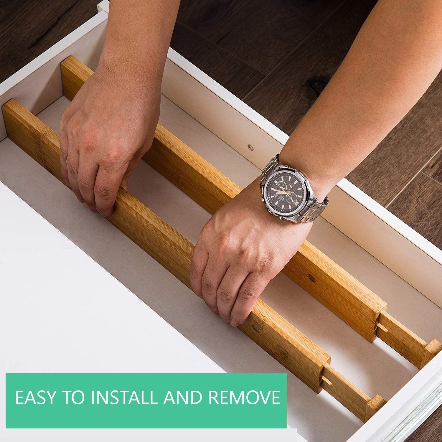 Bamboo finish - 4 Bamboo Adjustable Kitchen Drawer Dividers (Large, 44-55 Cm)