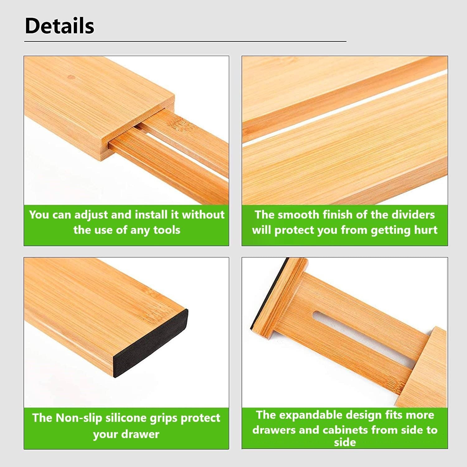 Kitchen & Bathroom DIY - 4 Bamboo Adjustable Kitchen Drawer Dividers (Large, 44-55 Cm)