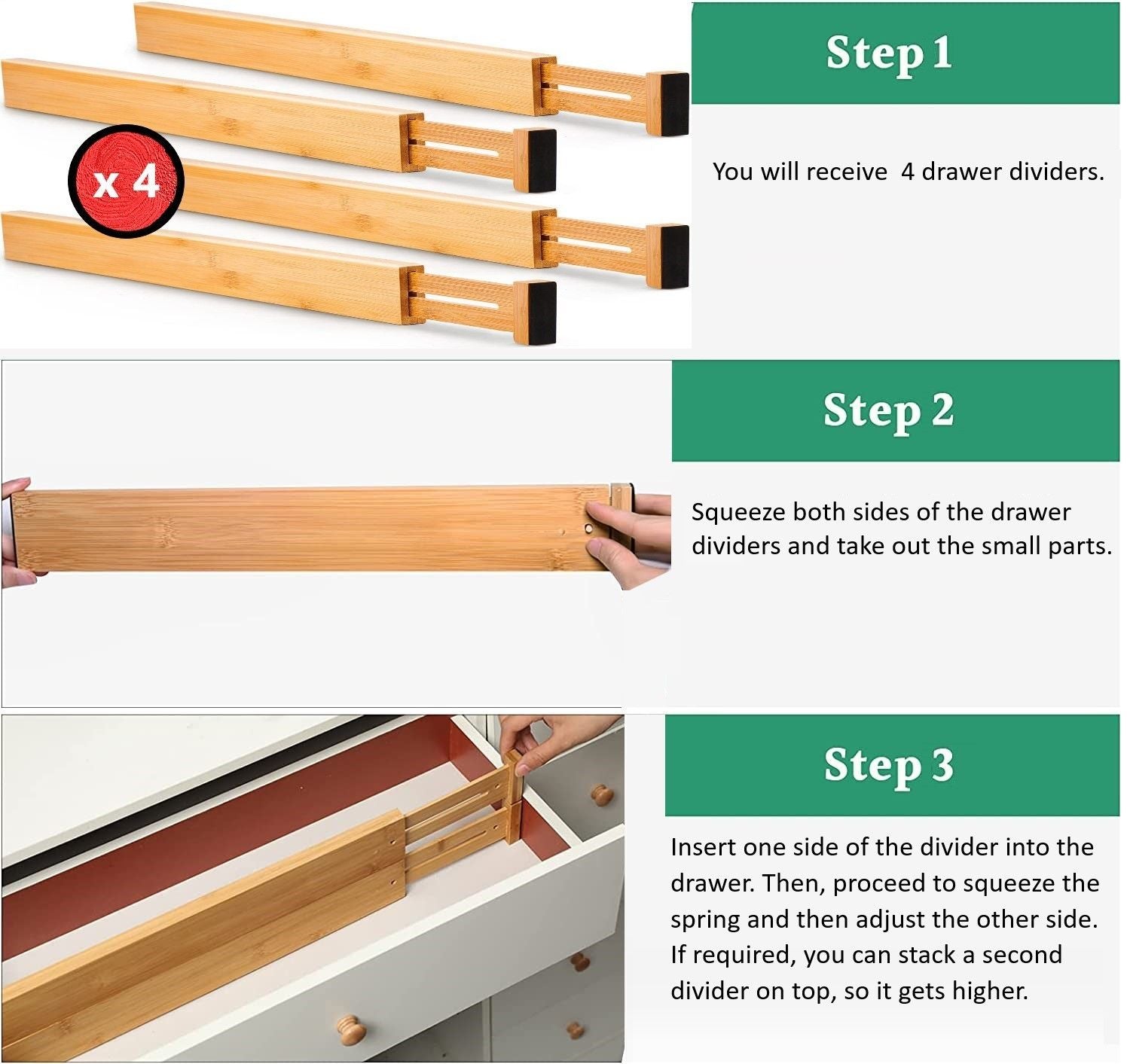 4 Bamboo Adjustable Kitchen Drawer Dividers (Large, 44-55 Cm) | Bamboo finish