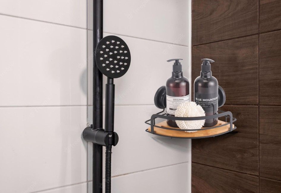 2-Pack Round Bamboo Corner Shower Caddy With Suction Cups
