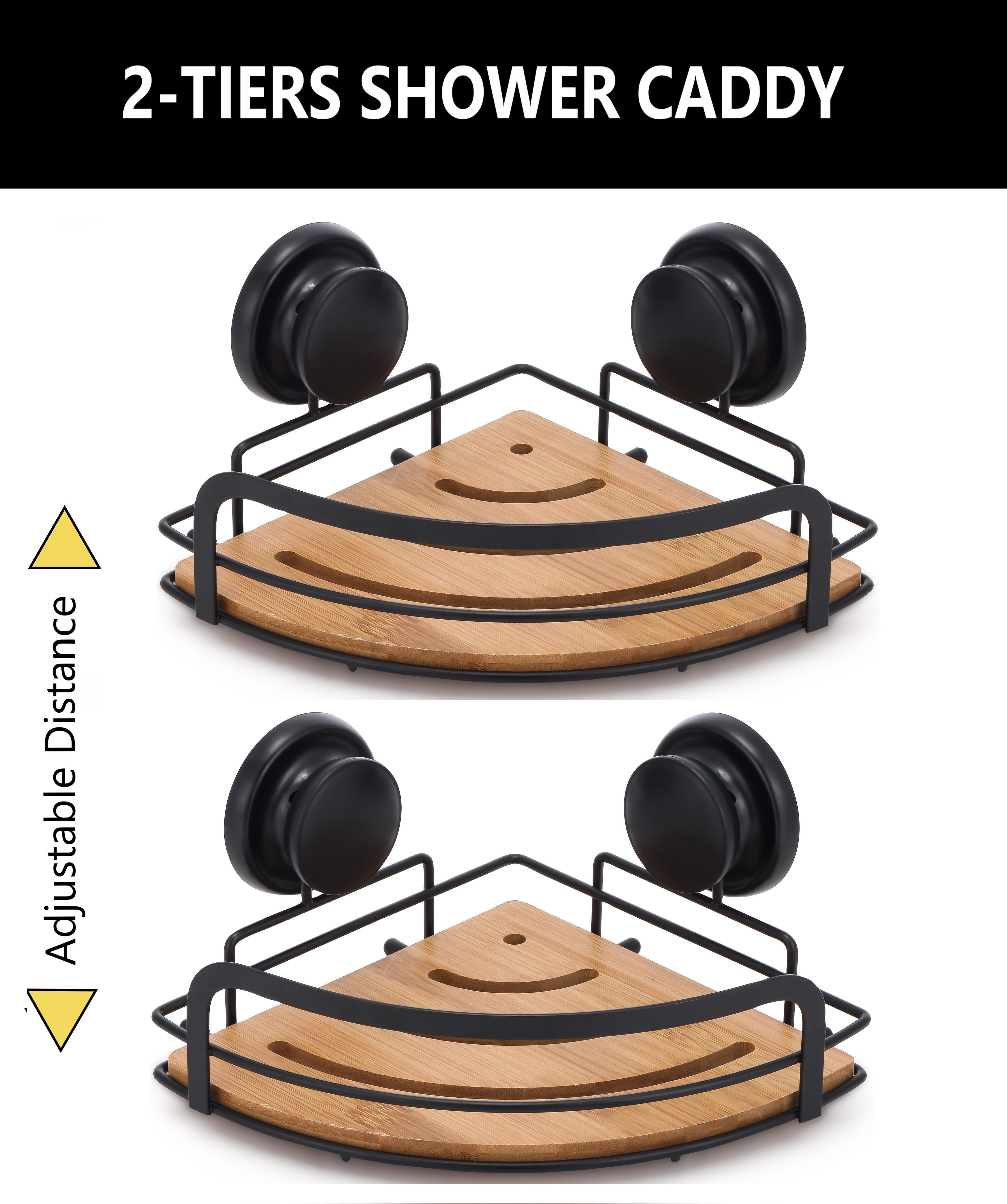 2-Pack Round Bamboo Corner Shower Caddy With Suction Cups