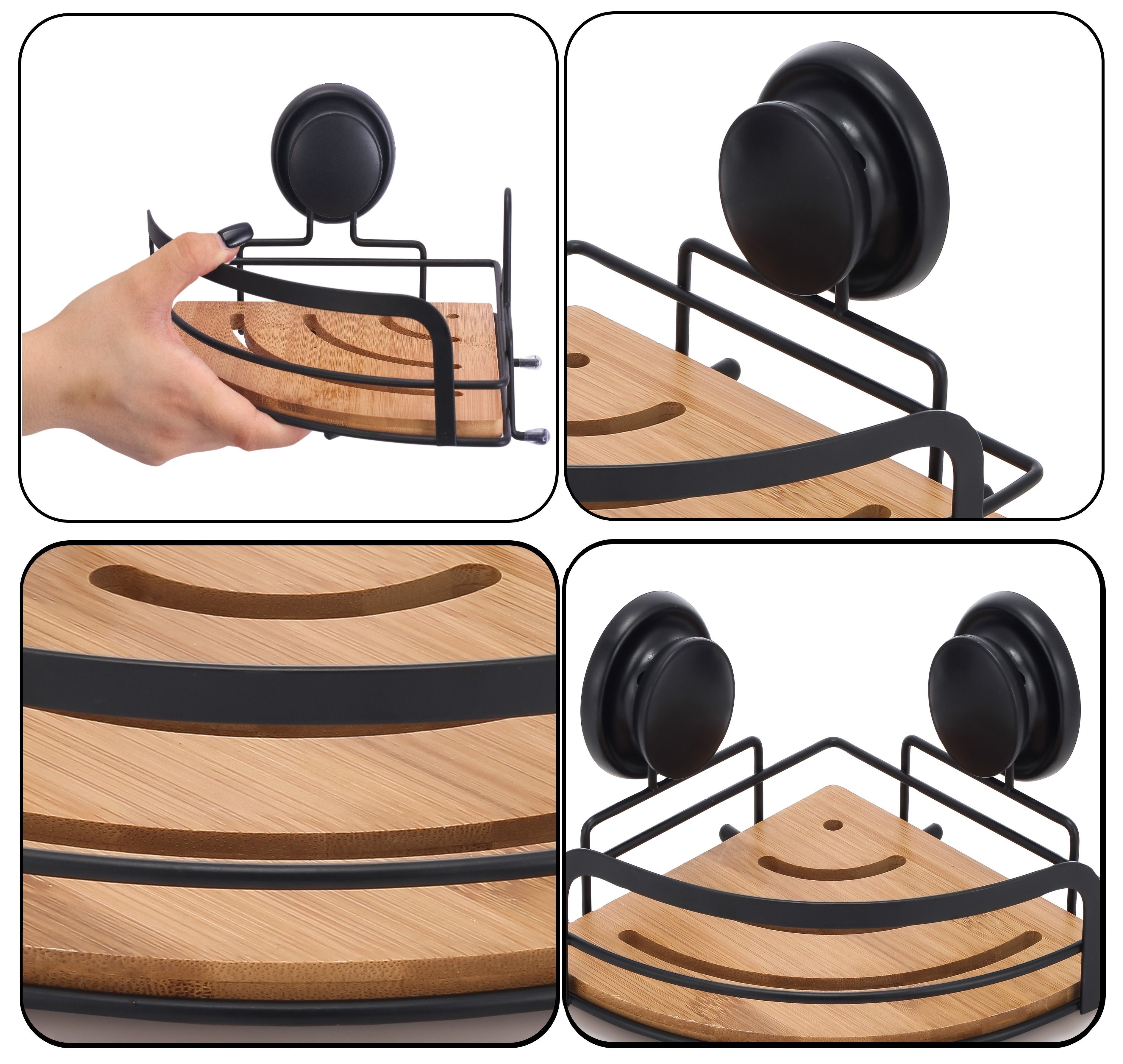 2-Pack Round Bamboo Corner Shower Caddy With Suction Cups