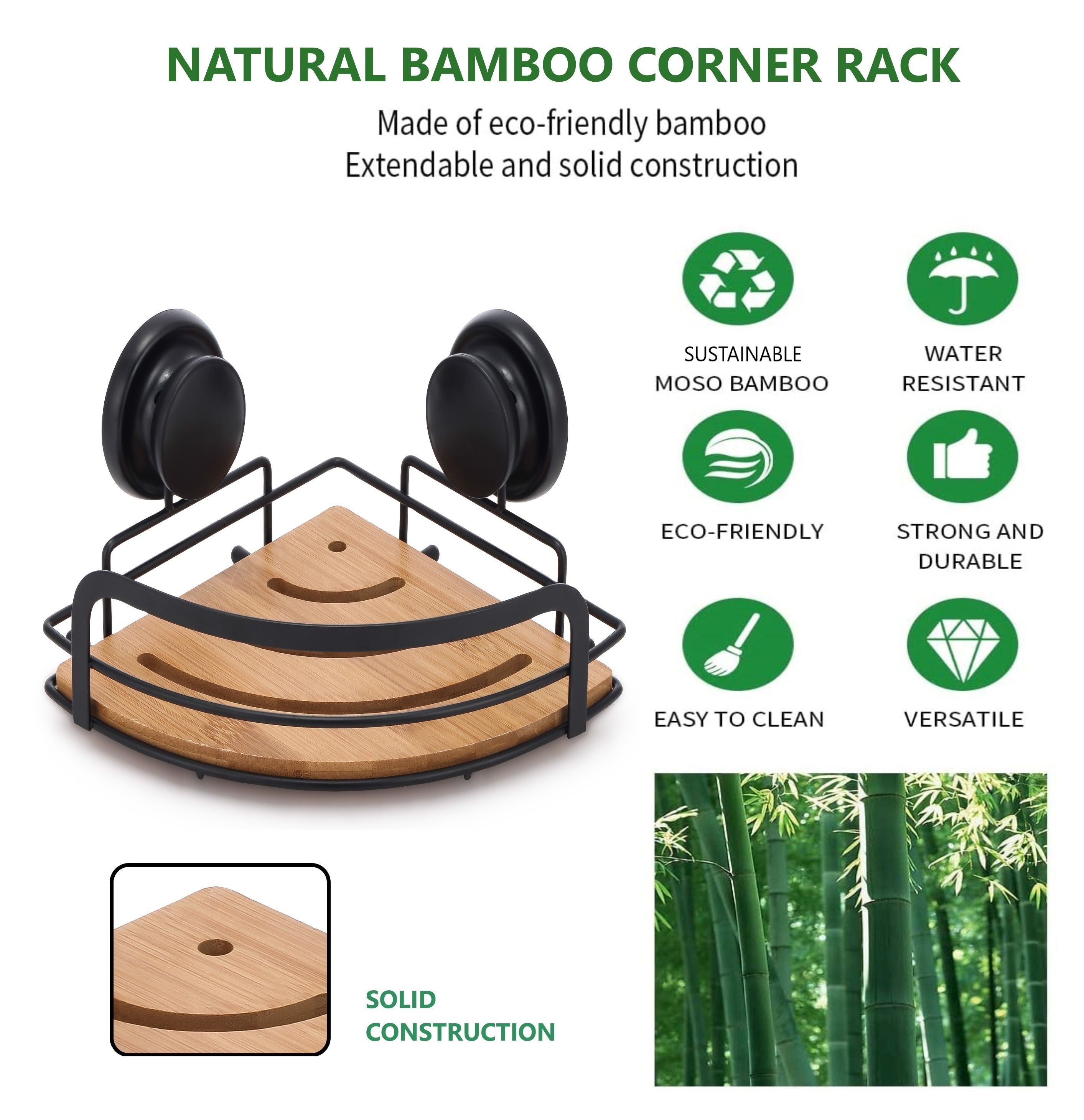2-Pack Round Bamboo Corner Shower Caddy With Suction Cups