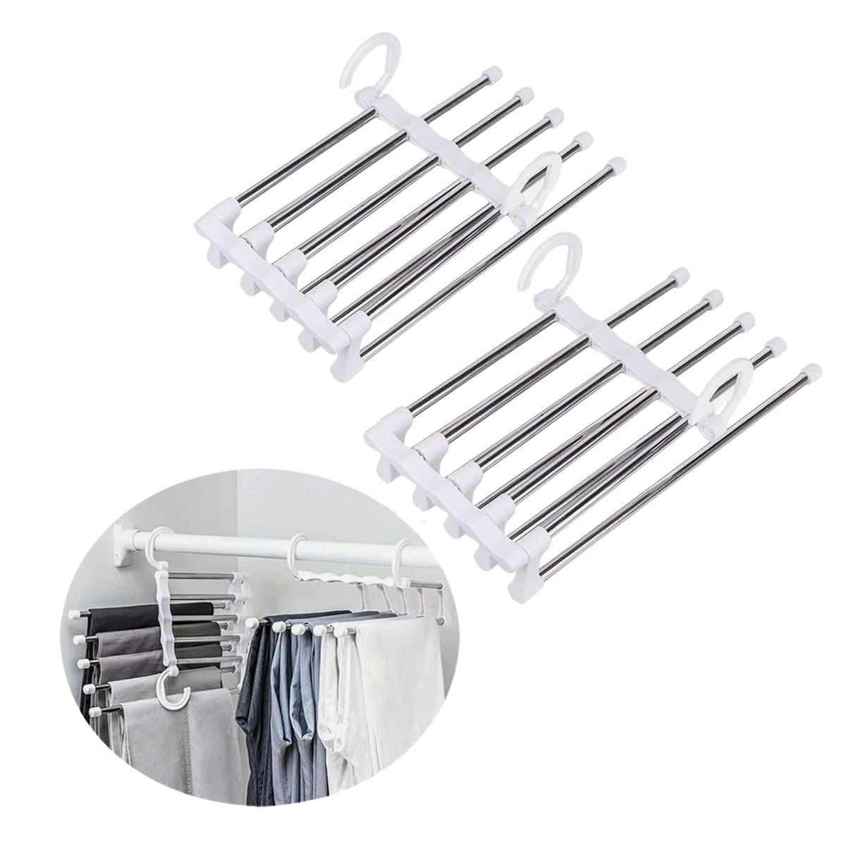 2 Stainless Steel Adjustable 5 In 1 Pants Hangers Non-Slip Space Saving