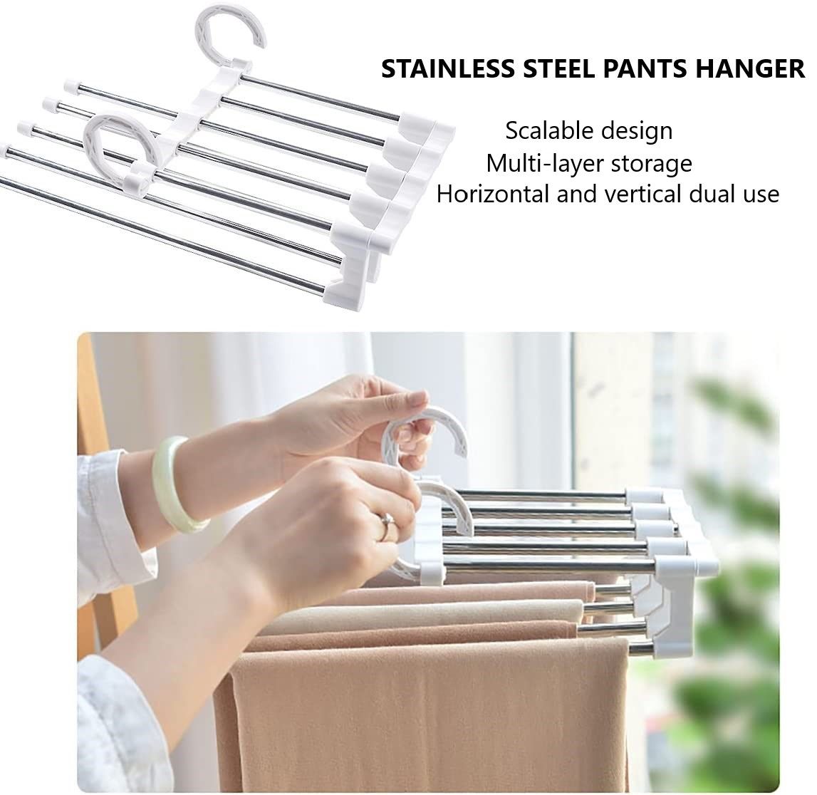 2 Stainless Steel Adjustable 5 In 1 Pants Hangers Non-Slip Space Saving
