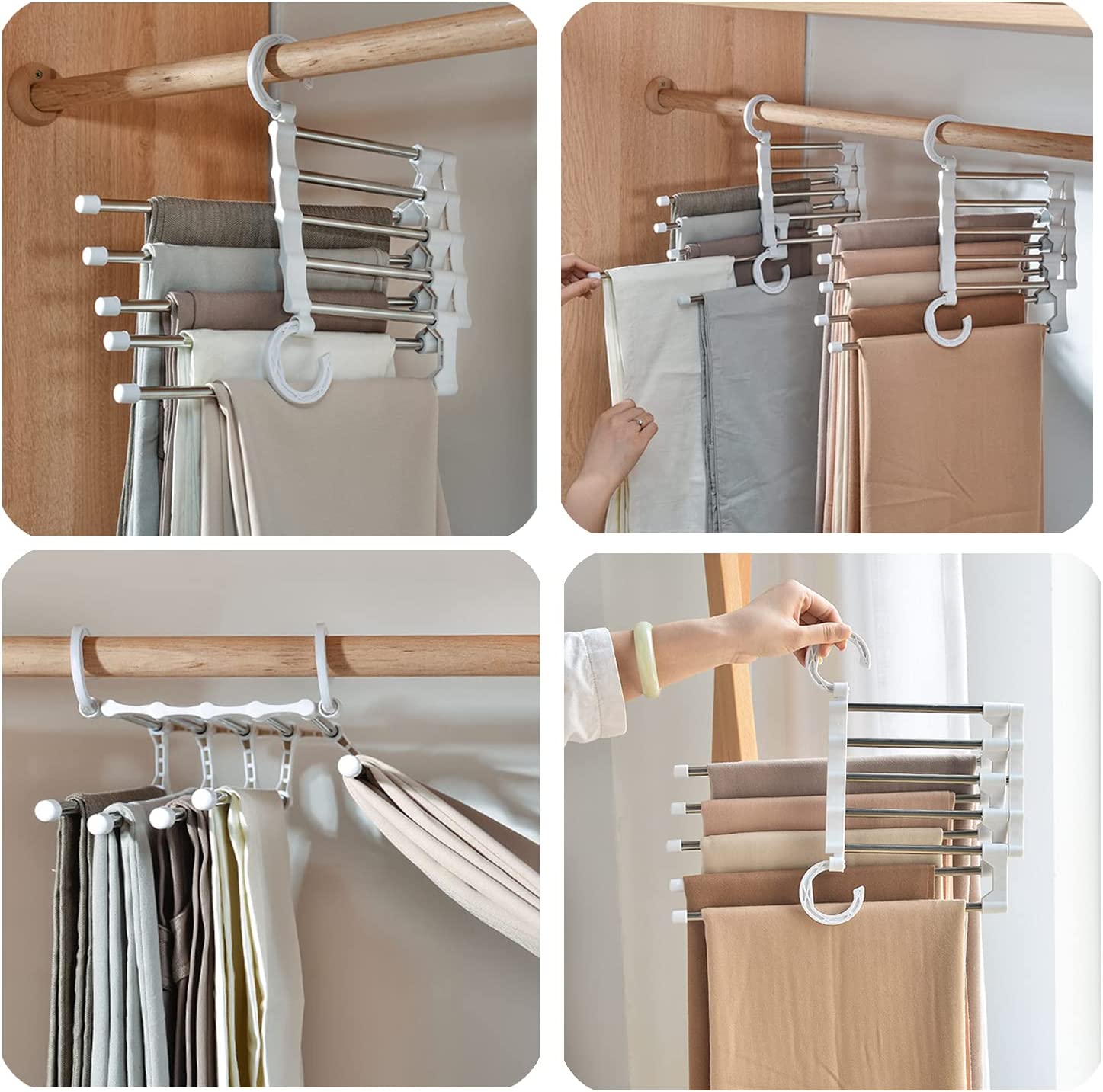 2 Stainless Steel Adjustable 5 In 1 Pants Hangers Non-Slip Space Saving