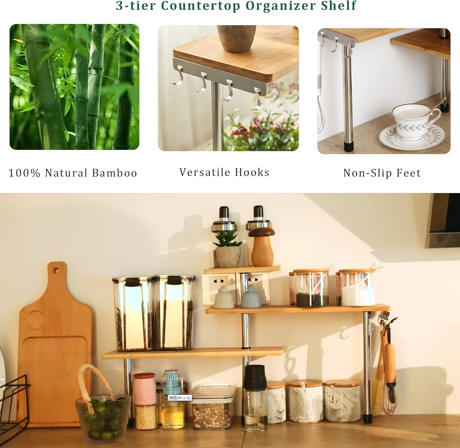 Kitchen & Bathroom DIY - 3 Tier Corner Shelf Kitchen Spice Rack Organiser With Hooks For Home Storage
