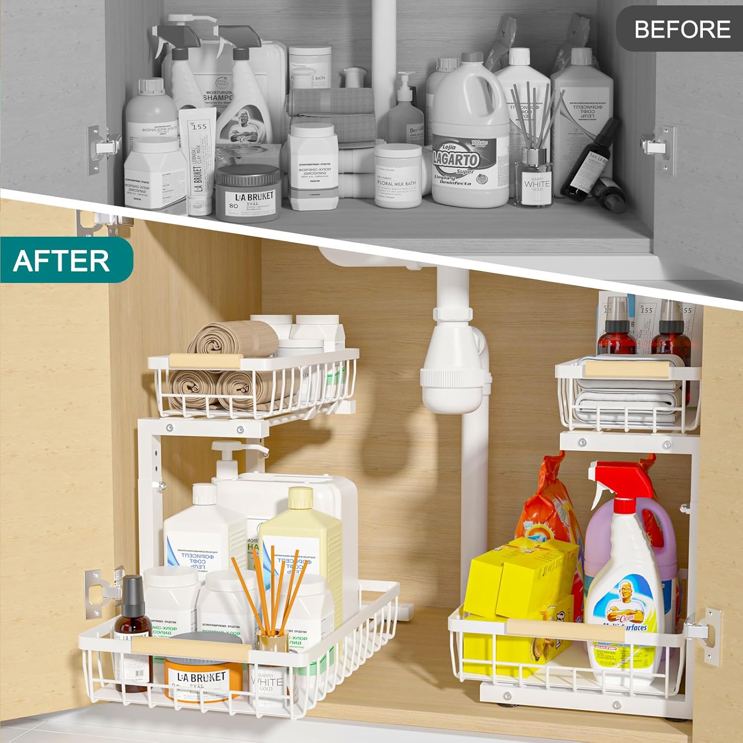 Durable 2-Tier Under Sink Organizer - Adjustable & Space-Saving, Drying Racks & Hangers