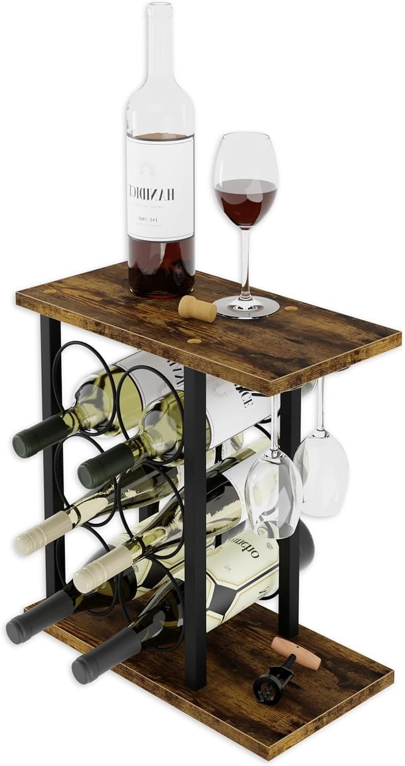 Wine Rack Countertop Wooden & Metal Holder For 6 Bottles & 2 Glasses, Wooden finish