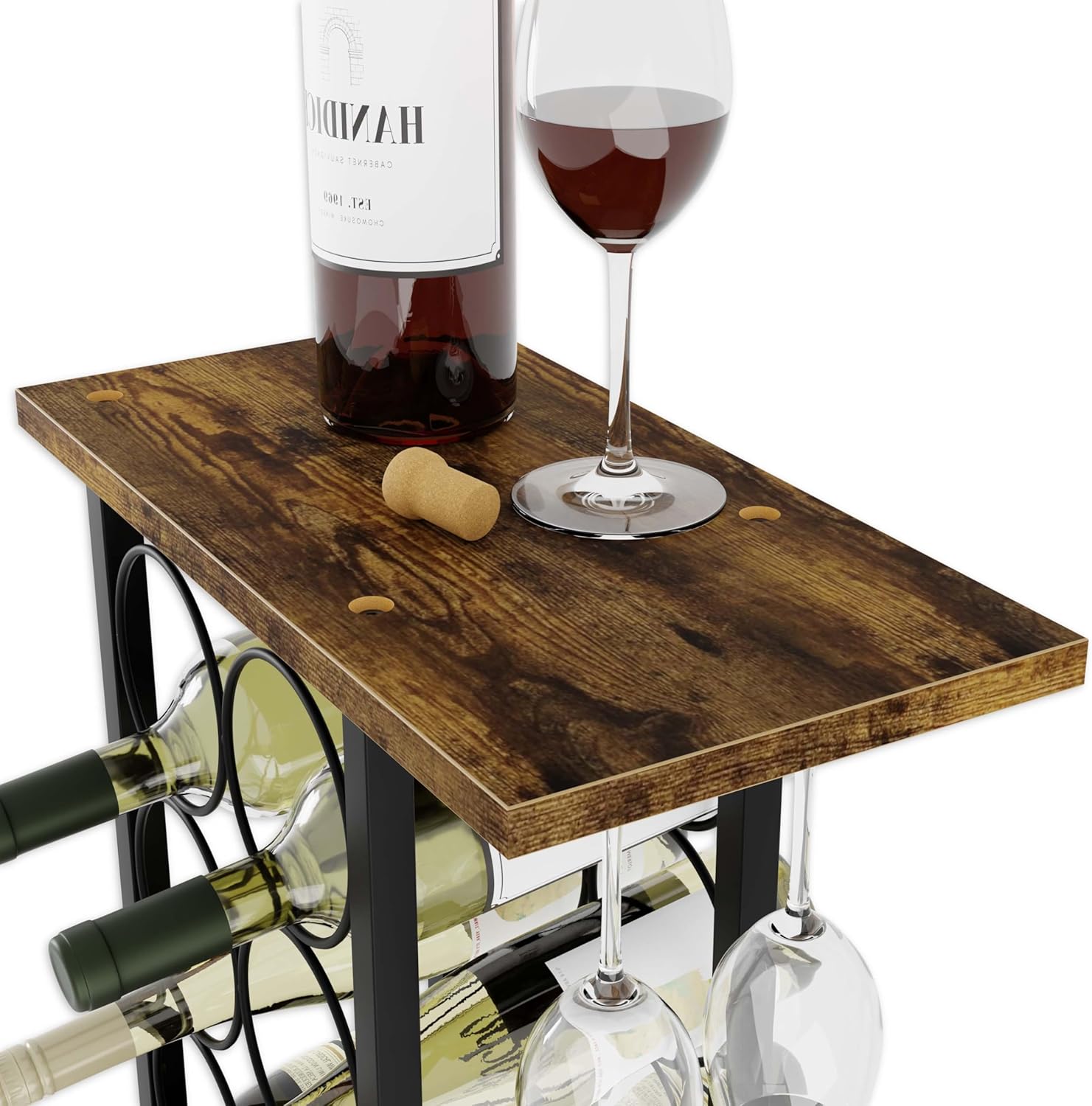 Wine Rack Countertop Wooden & Metal Holder For 6 Bottles & 2 Glasses with Wine Racks