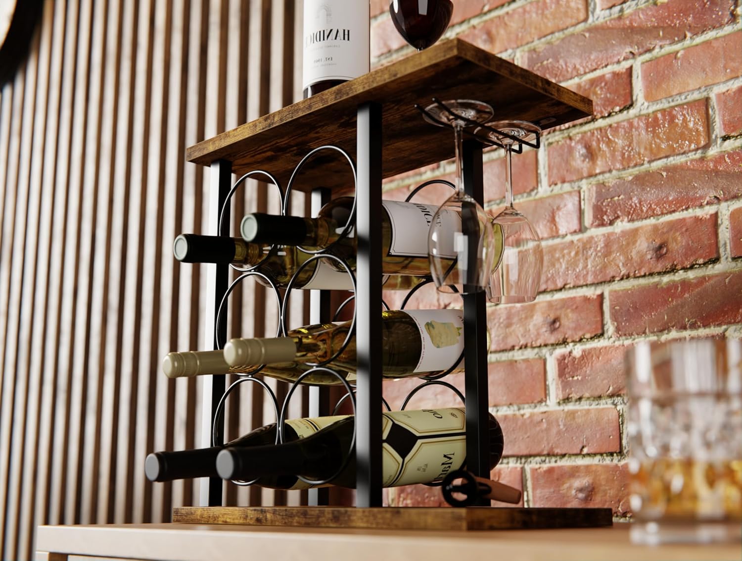 Wine Rack Countertop Wooden & Metal Holder For 6 Bottles & 2 Glasses with Wooden finish
