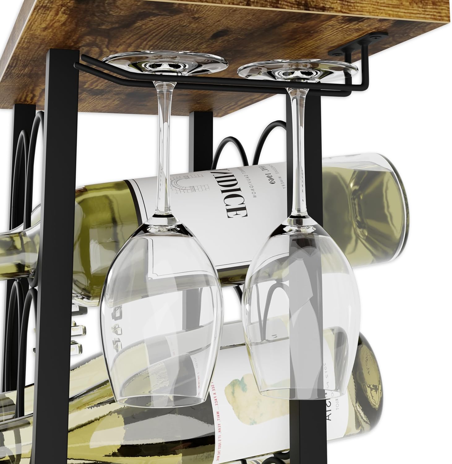 Wine Racks - Wine Rack Countertop Wooden & Metal Holder For 6 Bottles & 2 Glasses