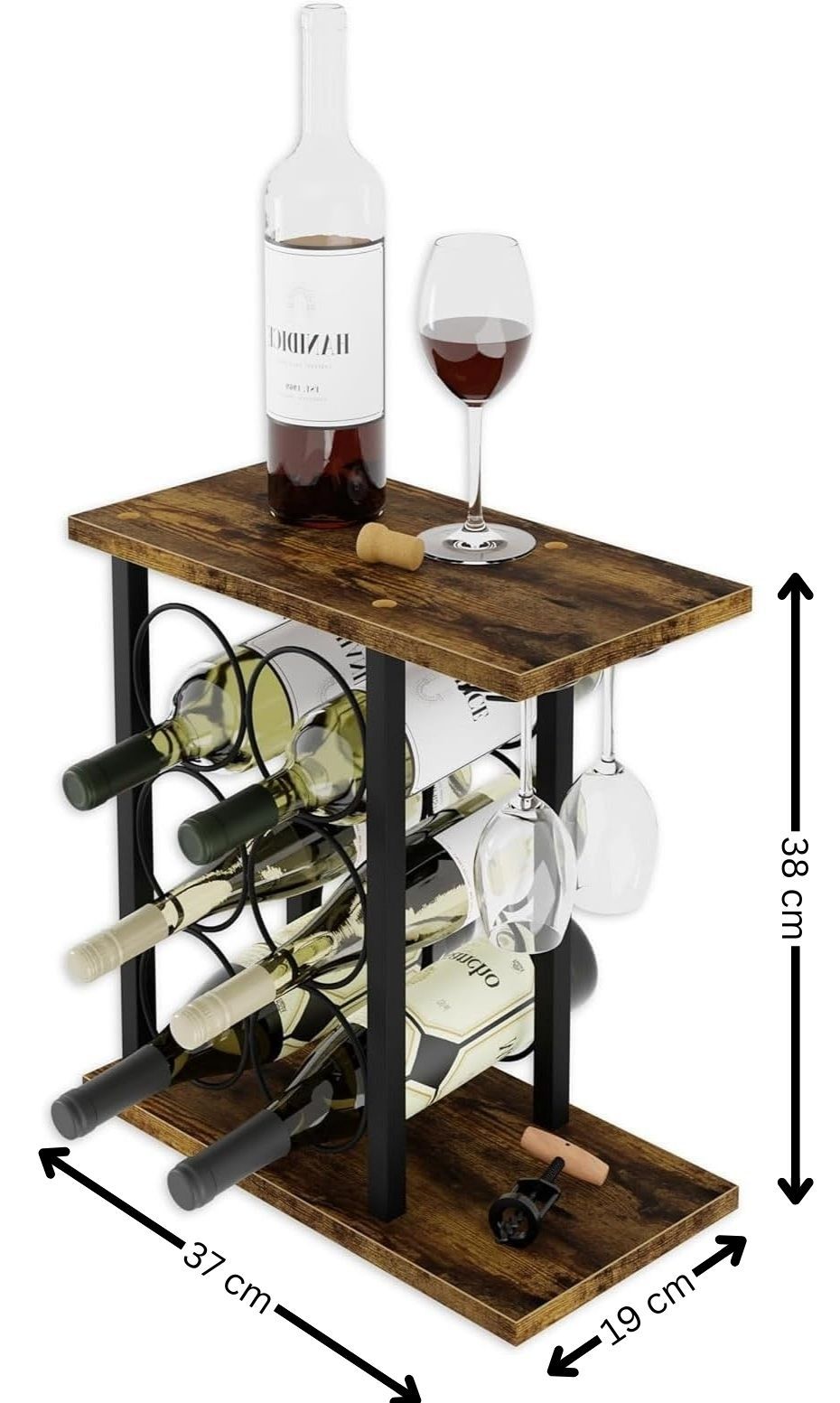 Wine Rack Countertop Wooden & Metal Holder For 6 Bottles & 2 Glasses, Wine Racks