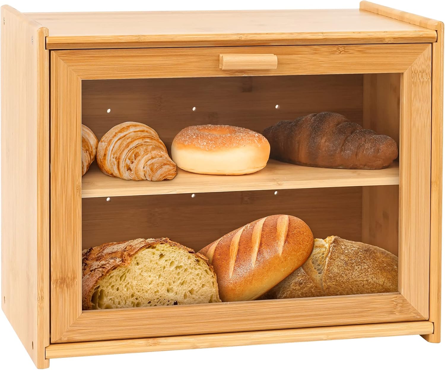 Stylish Bamboo Bread Box - Double Layer with Transparent Window | Double