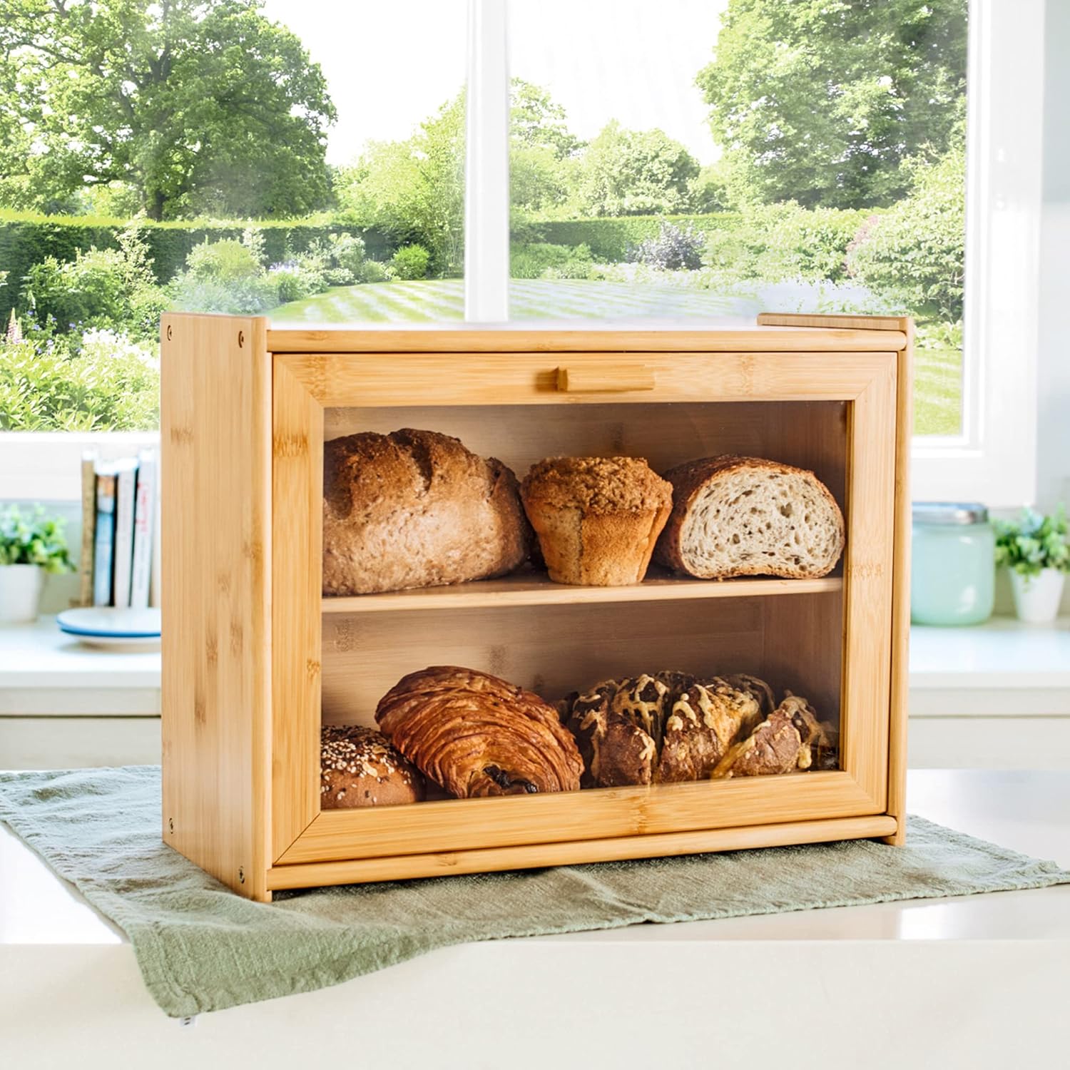 Stylish Bamboo Bread Box - Double Layer with Transparent Window, Food Storage