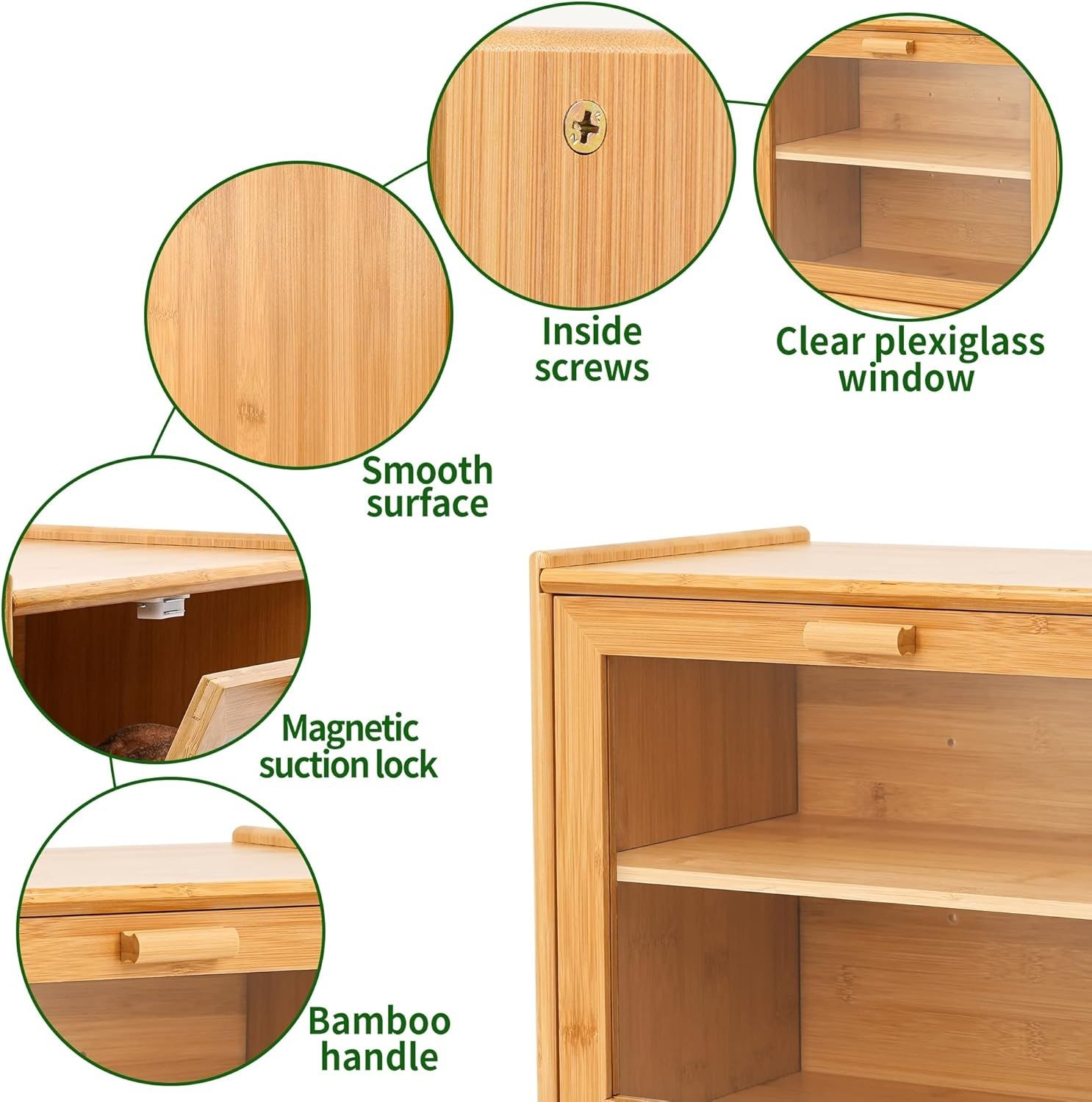 Food Storage - Stylish Bamboo Bread Box - Double Layer with Transparent Window
