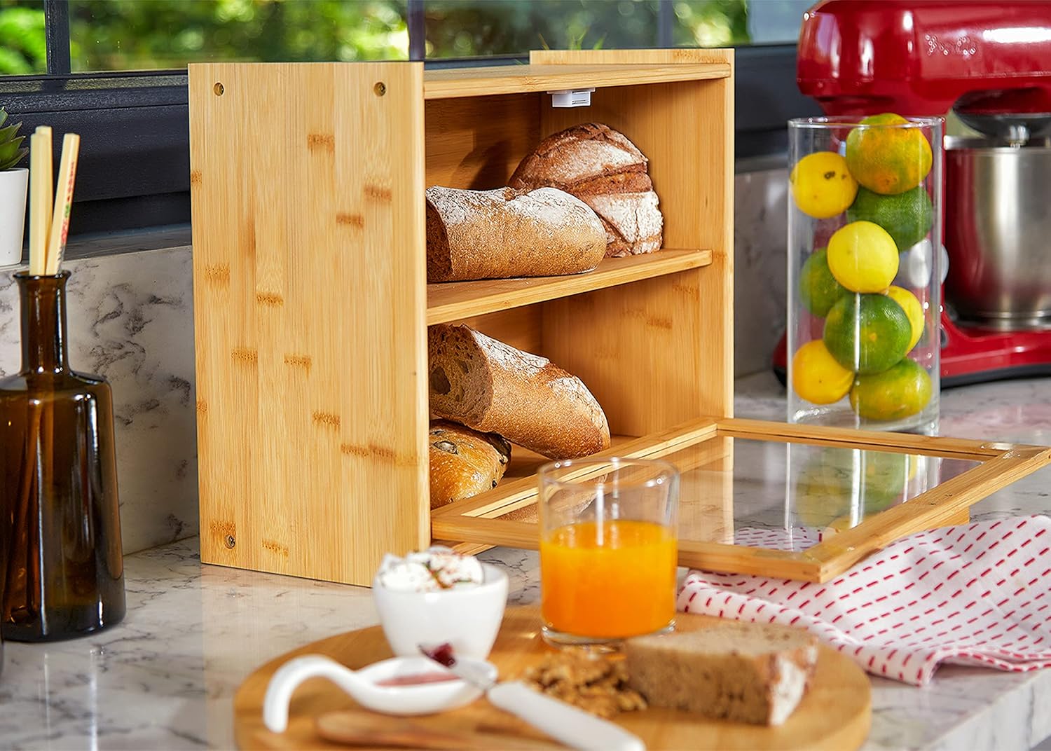 Stylish Bamboo Bread Box - Double Layer with Transparent Window | Food Storage