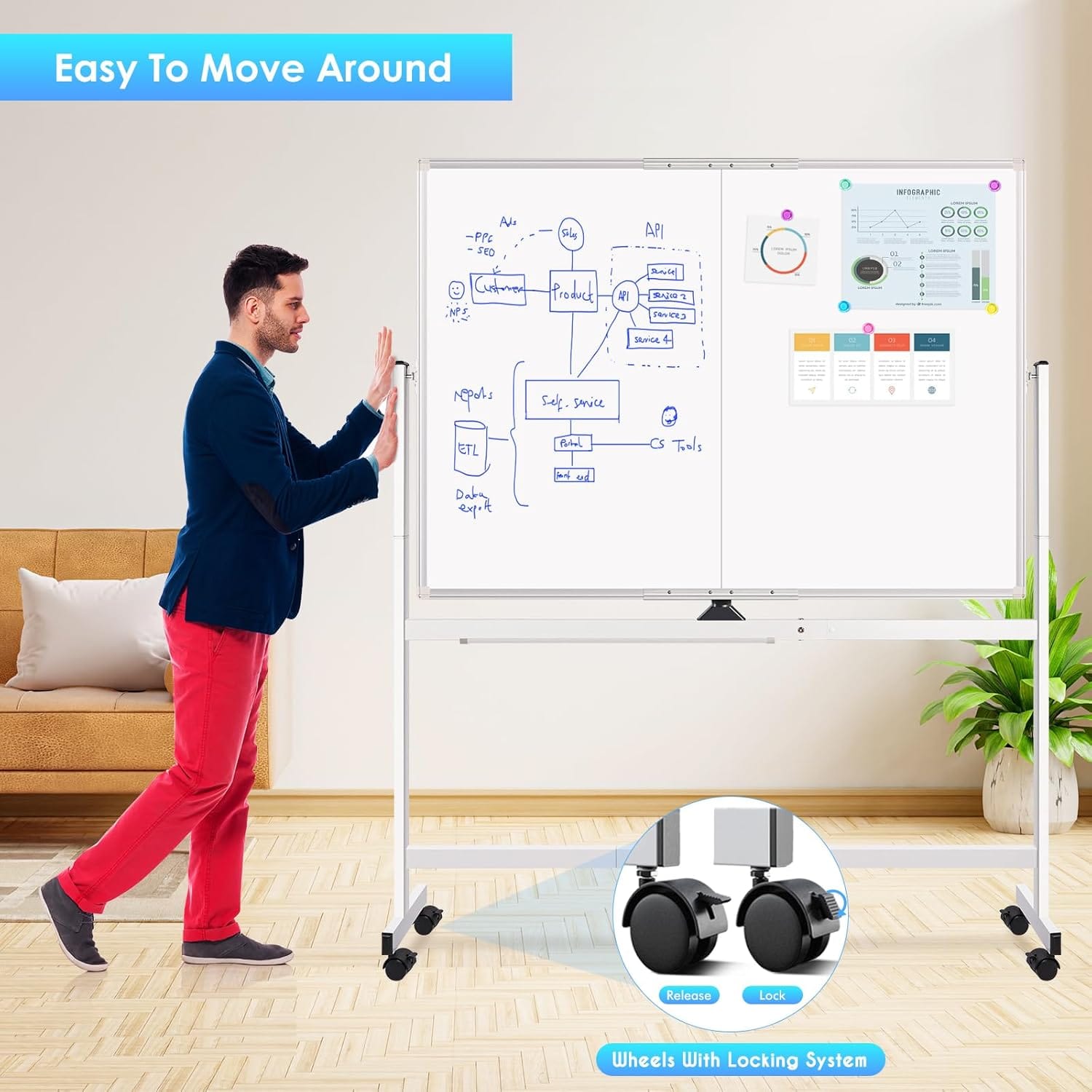 Magnetic Whiteboard 120x90cm Mobile