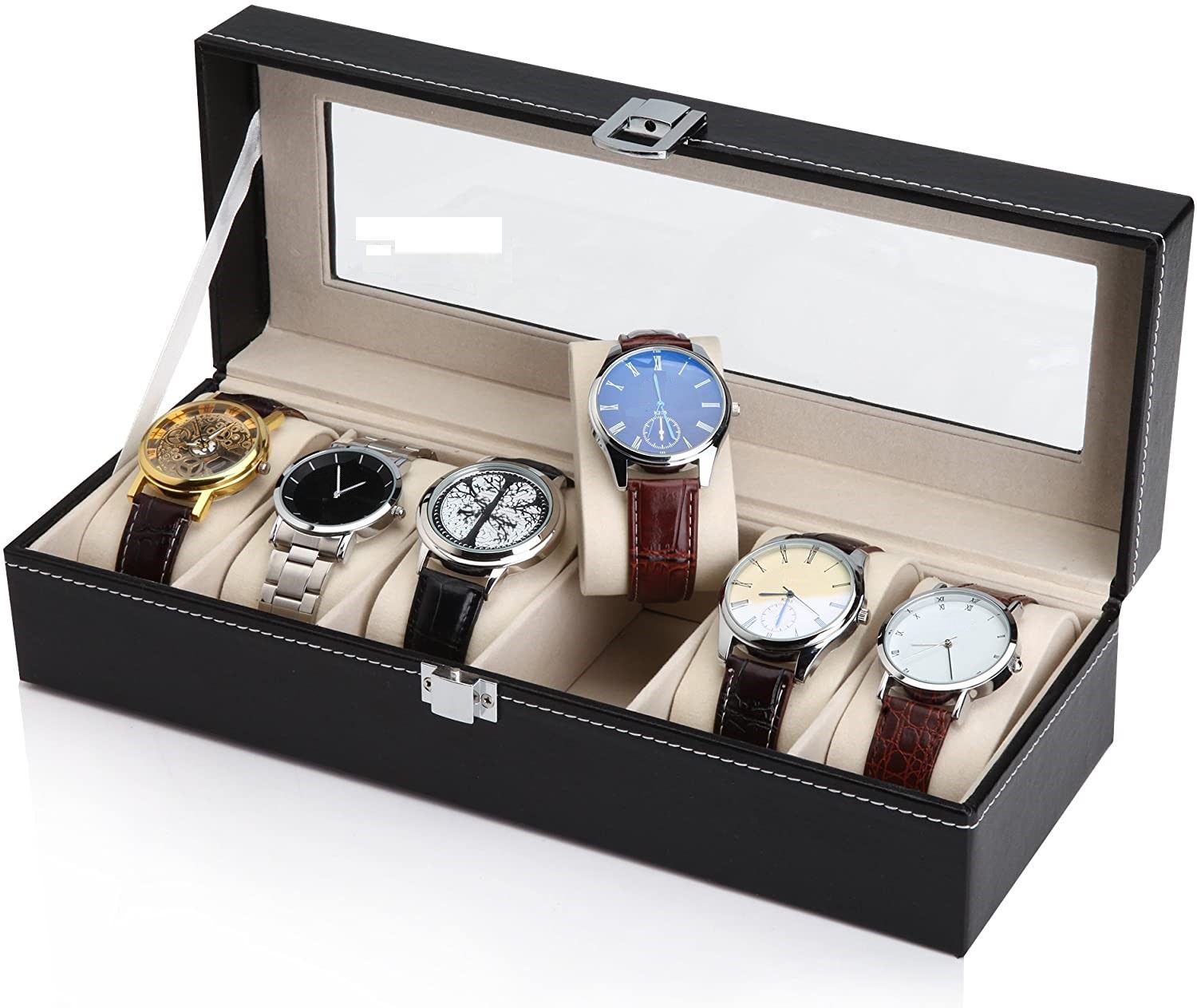 Black Pu Leather Watch Organizer Display Storage Box Cases For Men & Women (6 Slots)
