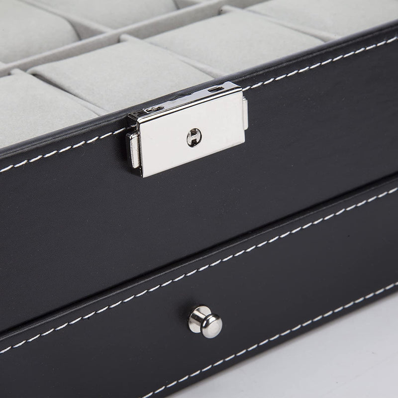 Black Leather Watch Box Jewelry Display Case 12 Slots