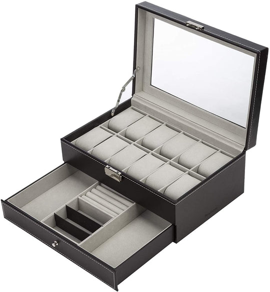 Black colour - Black Leather Watch Box Jewelry Display Case With Drawers (12 Slots With 2 Layers)