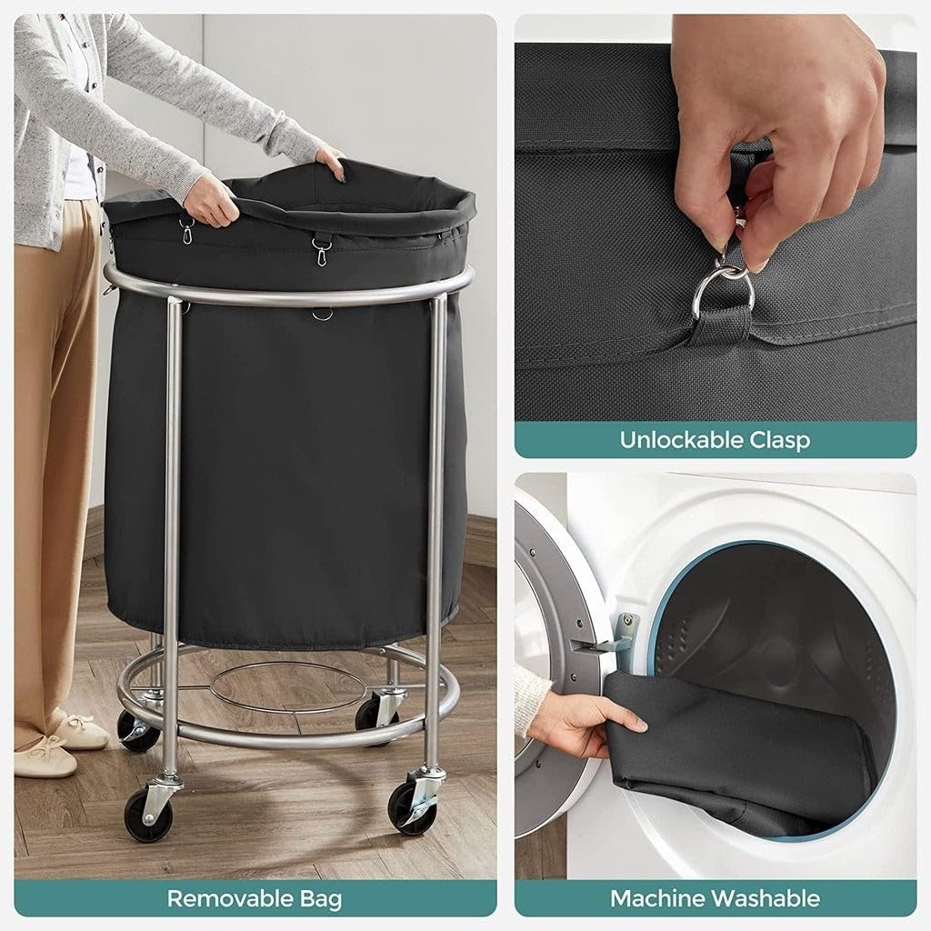 Table & Bar Stools - Steel Frame Laundry Basket Wheels, Black
