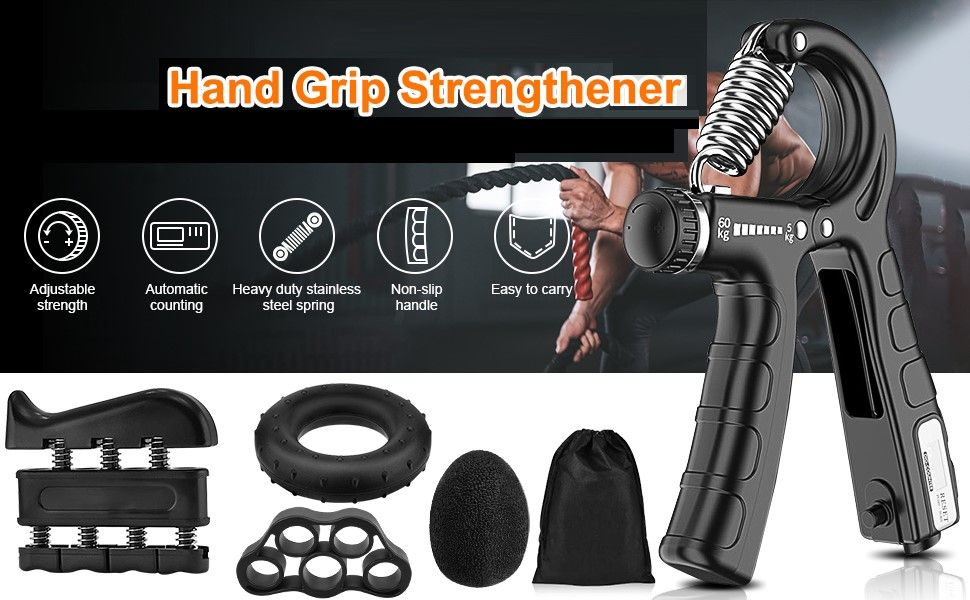 5 Pack Adjustable Resistance Hand Gripper Exerciser Workout Kit with Gym Equipment & Accessories