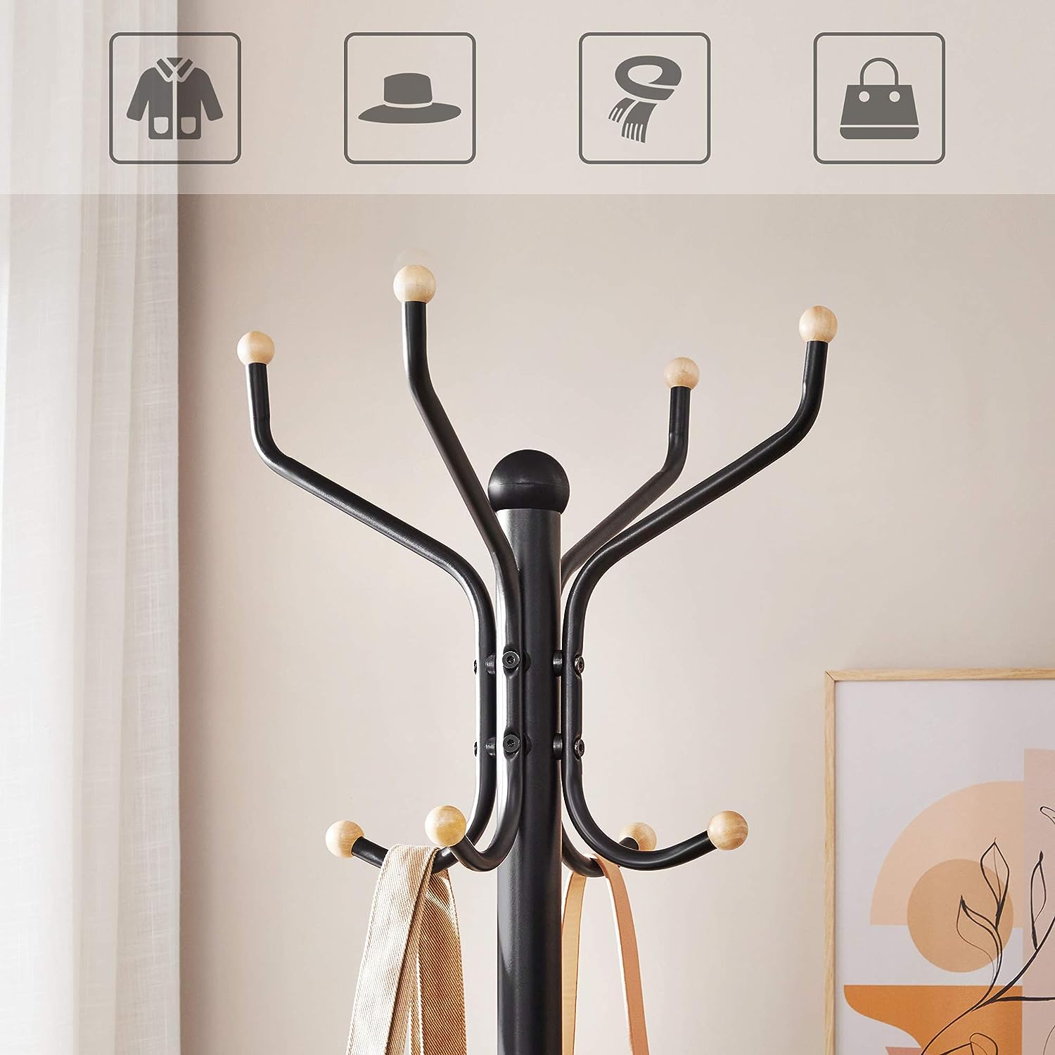 Metal Coat Rack Stand Hat Hanger, Black, 182Cm | Black colour