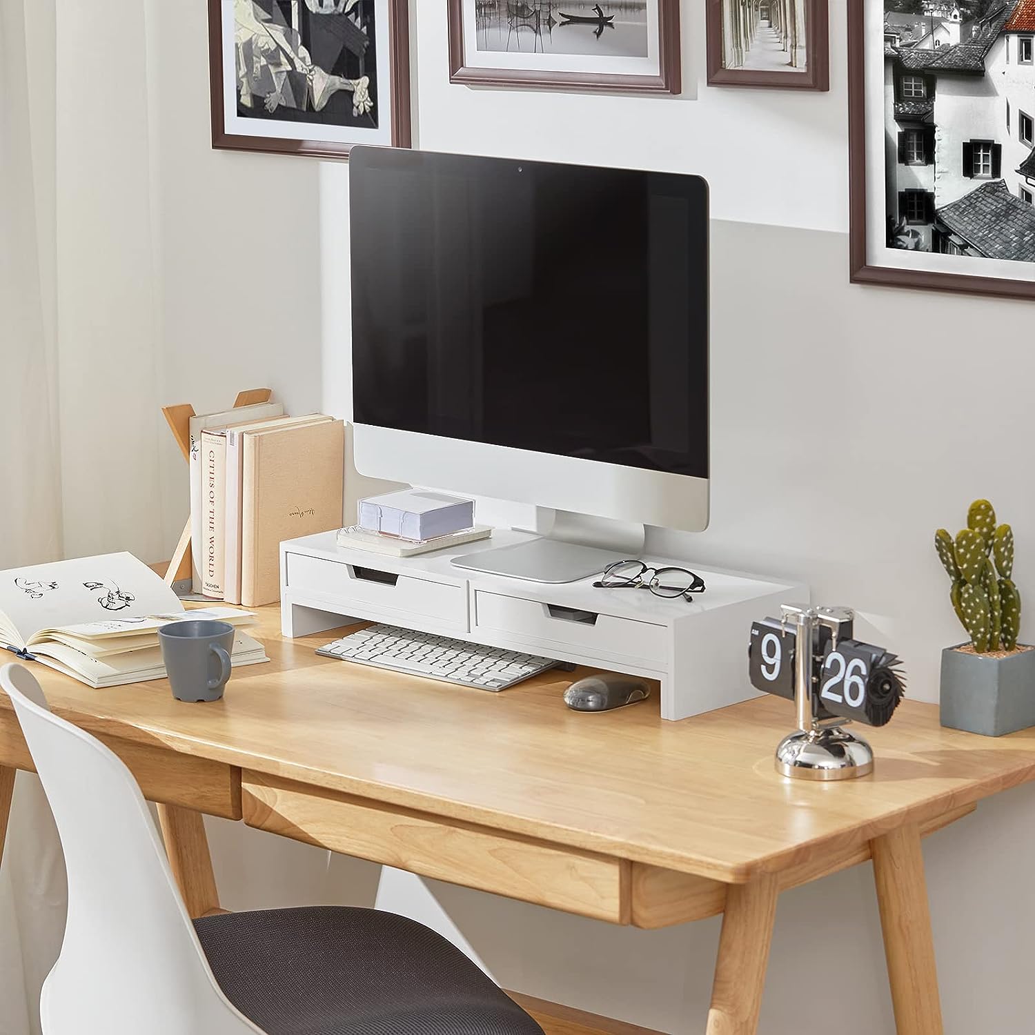 White Monitor Stand with Drawers with Computer Monitors & Accessories