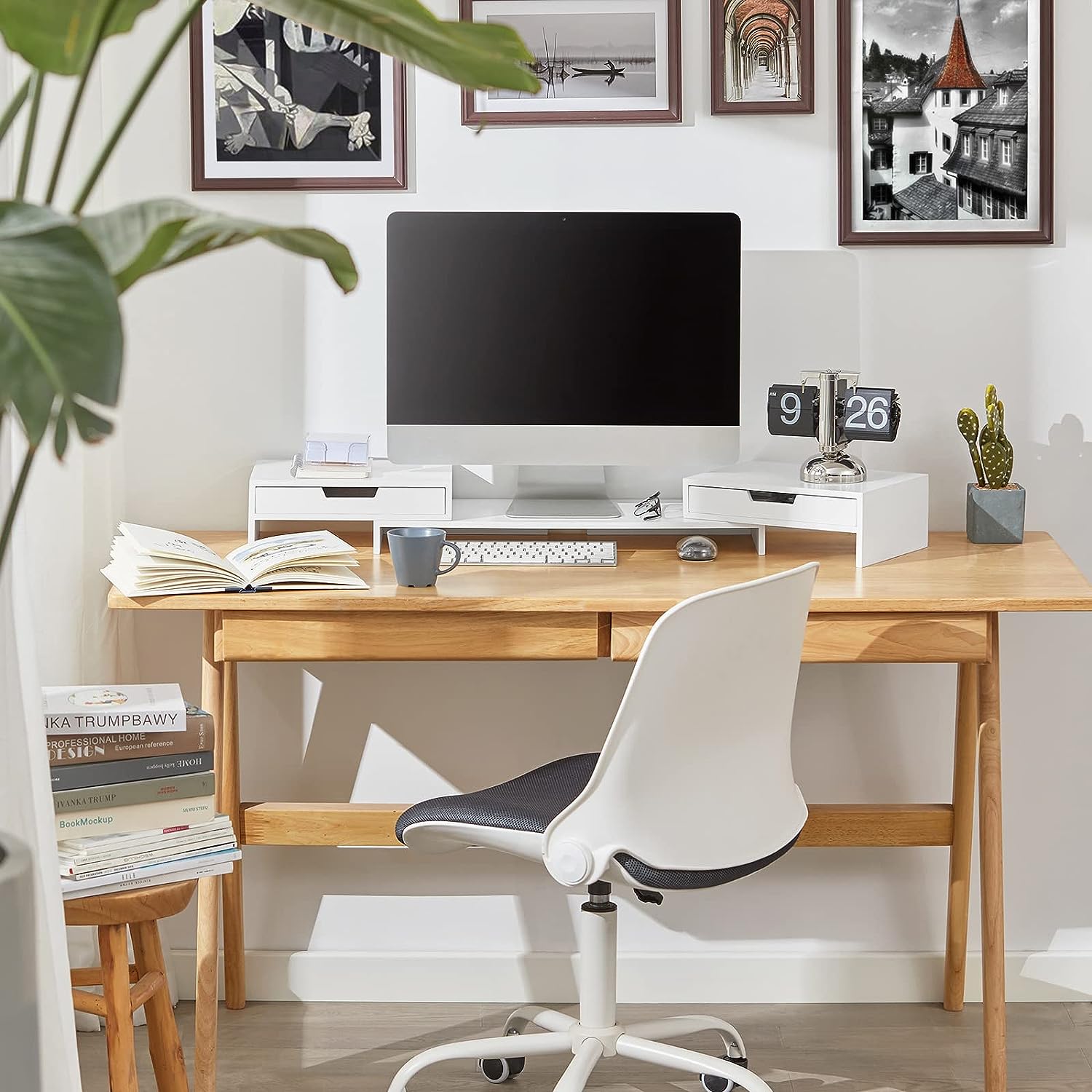 White colour - White Monitor Stand with Drawers