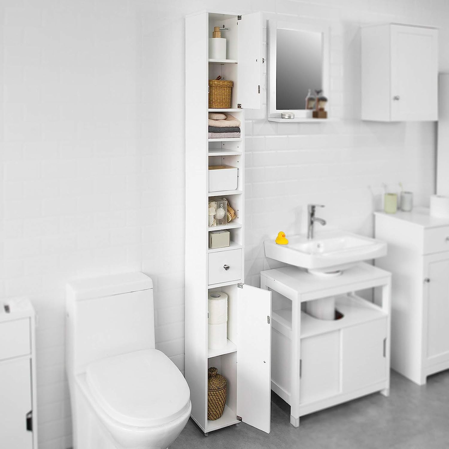 White Tall Bathroom Cabinet High Storage, White colour