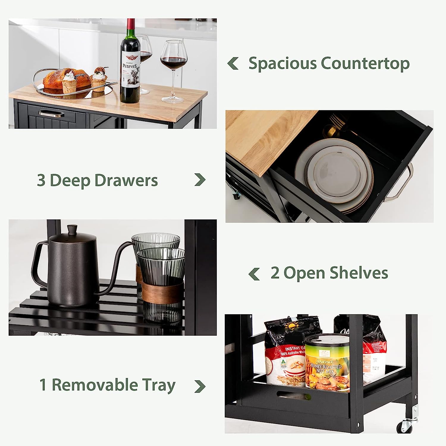 Kitchen Island Cart With Storage, Drawers, Shelves