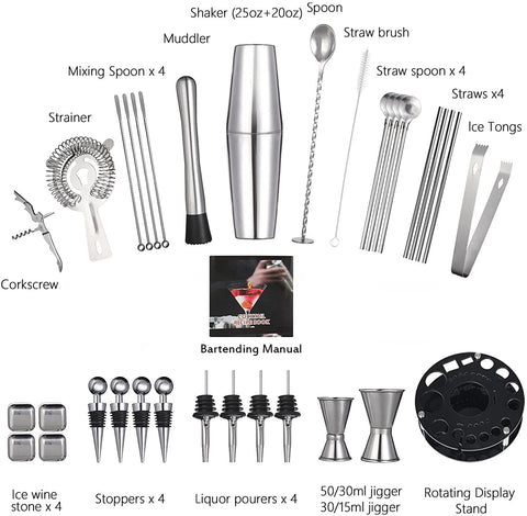 19 Pieces Cocktail Shaker Set Bartender Kit With Rotating 360 Display Stand