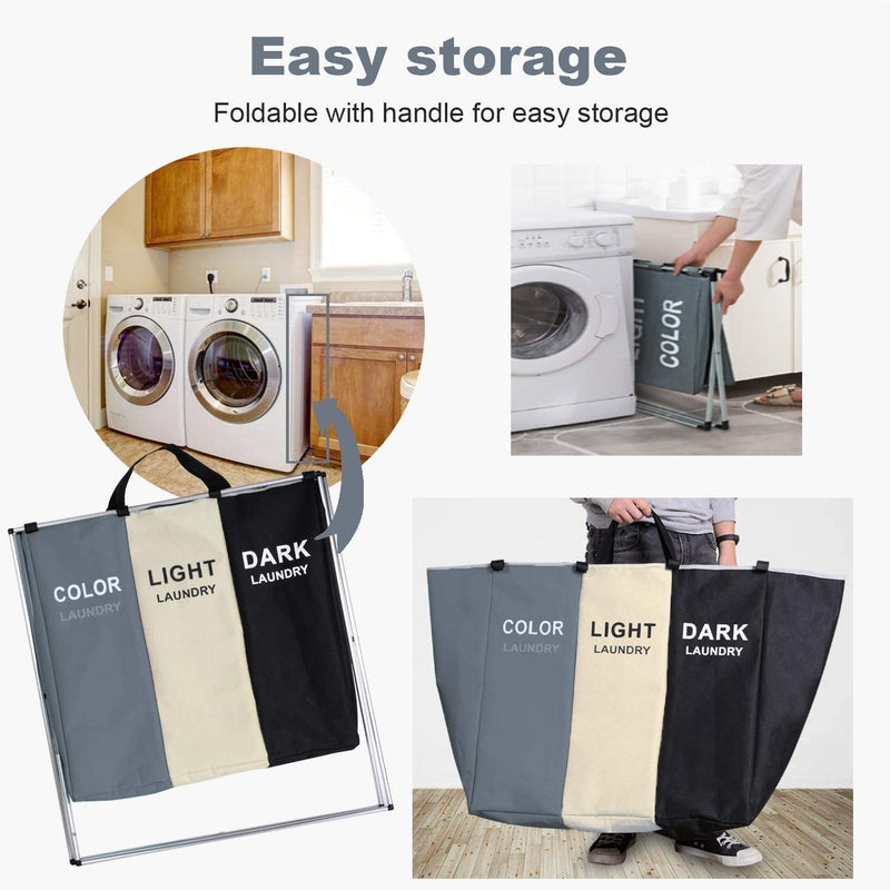 3 In 1 Large 135L Laundry Clothes Hamper Basket With Waterproof Bags (Multi) - Aluminum Frame