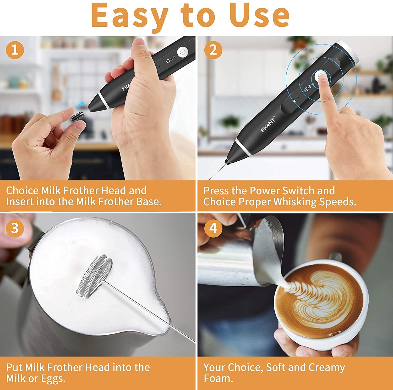 Rechargeable Electric Milk Frother Handheld 3 Speed USB Foam Maker Black