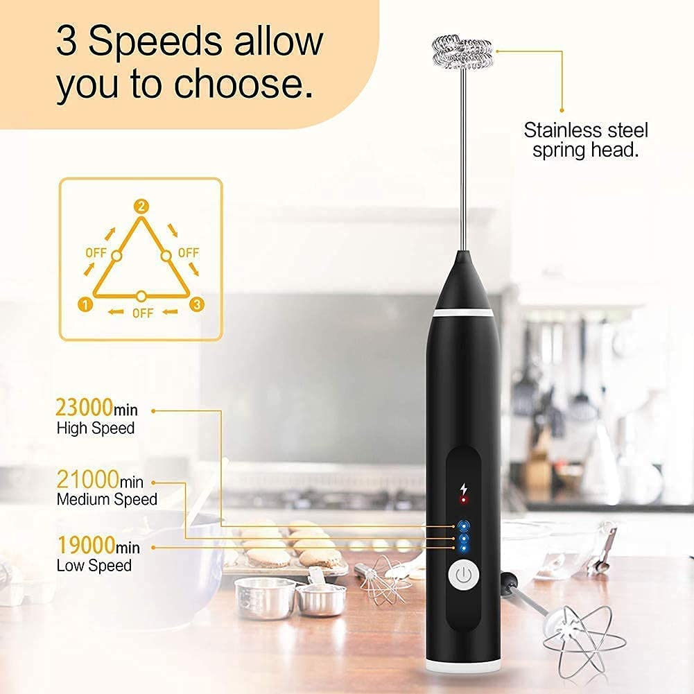 Rechargeable Electric Milk Frother Handheld 3 Speed USB Foam Maker Black