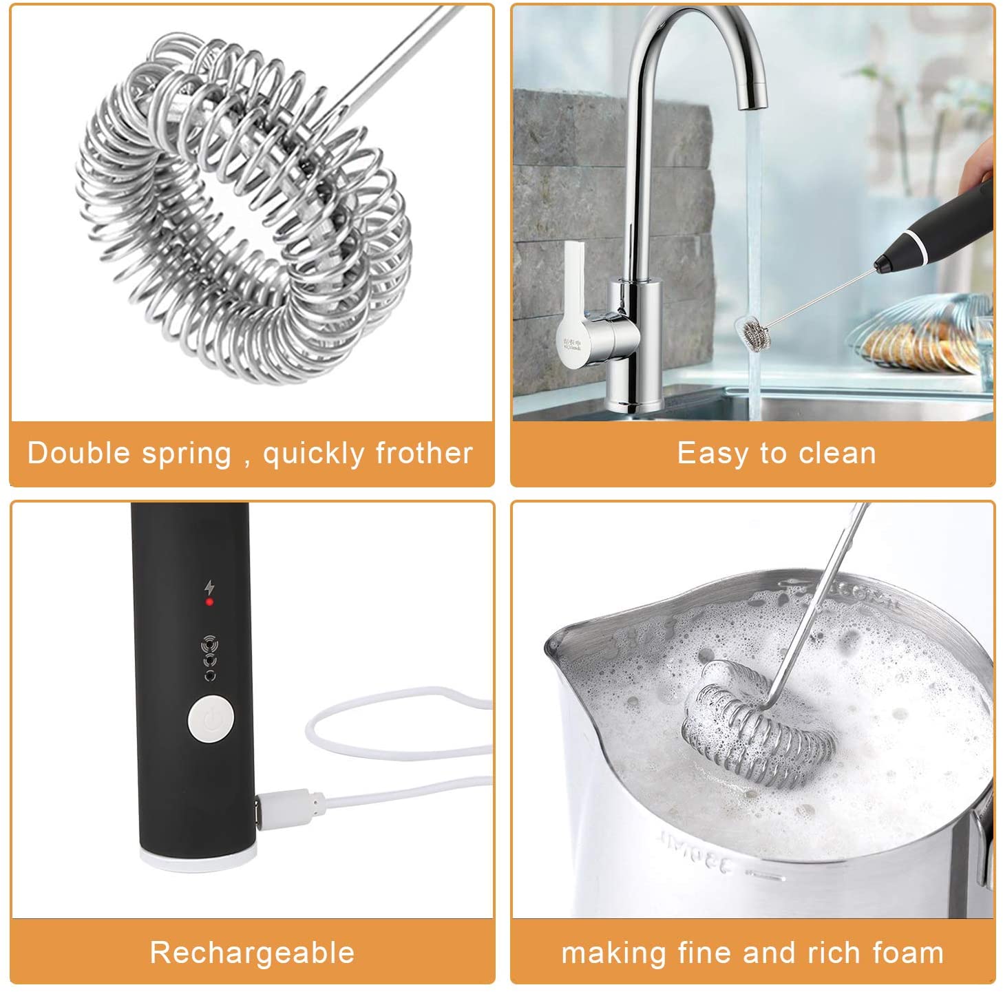 Rechargeable Electric Milk Frother Handheld 3 Speed USB Foam Maker Black