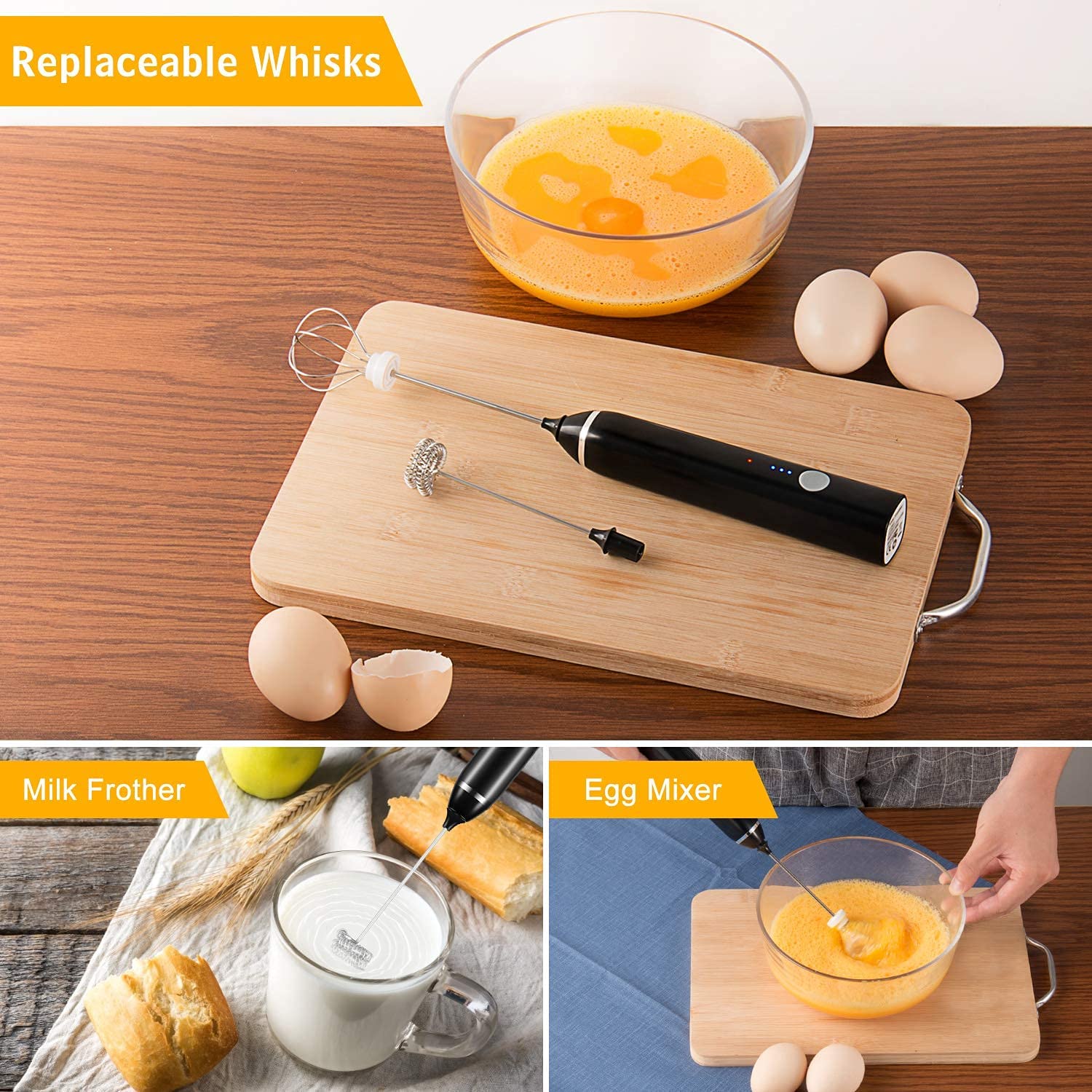 Rechargeable Electric Milk Frother Handheld 3 Speed USB Foam Maker Black
