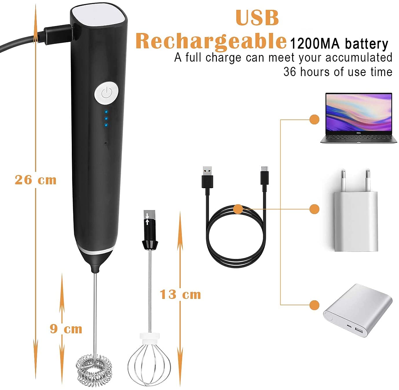 Rechargeable Electric Milk Frother Handheld 3 Speed USB Foam Maker Black