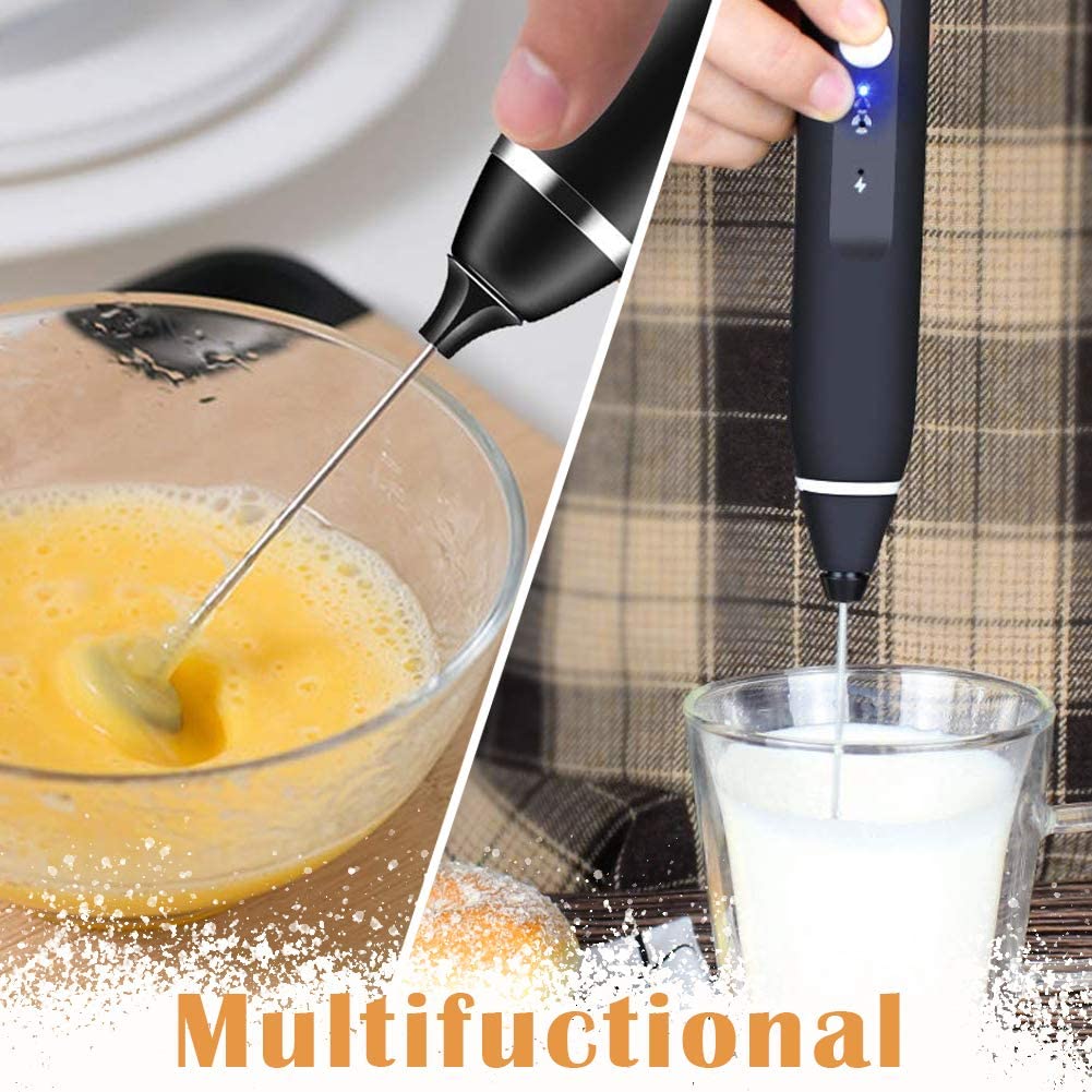 Rechargeable Electric Milk Frother Handheld 3 Speed USB Foam Maker Black