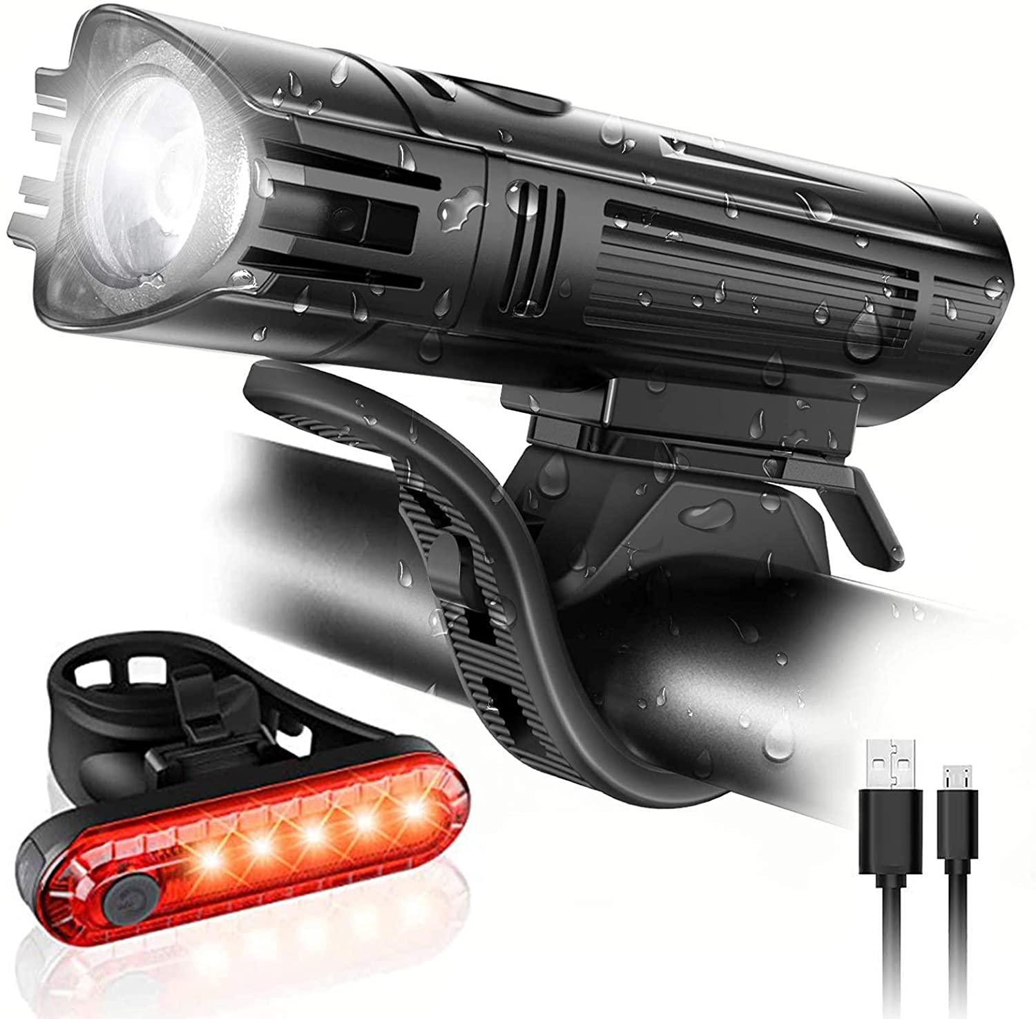 Rechargeable LED Bike Lights Set Waterproof USB Front & Rear Light Kit