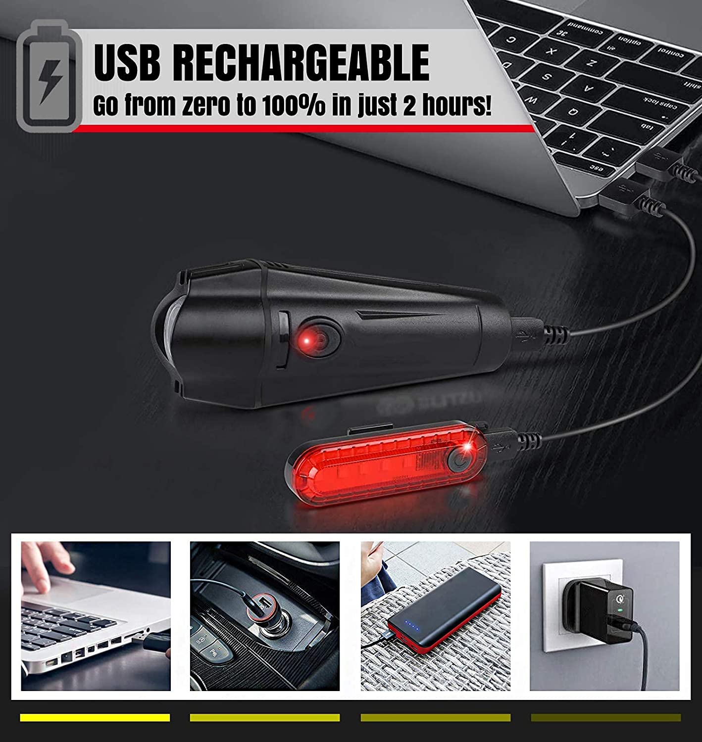 Rechargeable LED Bike Lights Set Waterproof USB Front & Rear Light Kit