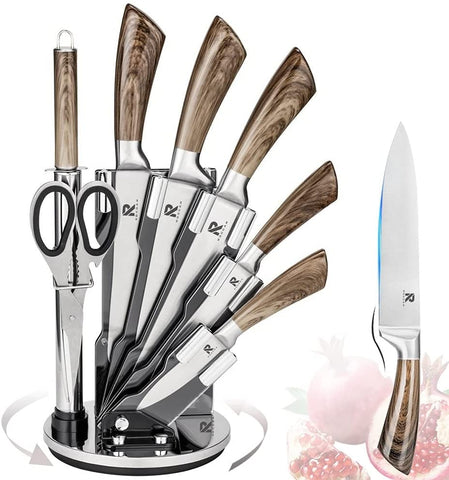 Kitchen Knife Block Set 8 Stainless Steel Knives with Wooden Color