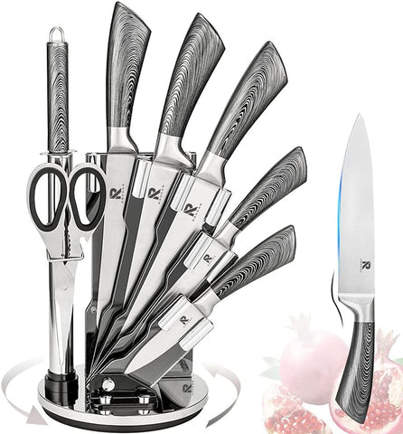Kitchen Knife Block Set 8 Stainless Steel Knives, Wooden Color Handle (Silver Color)