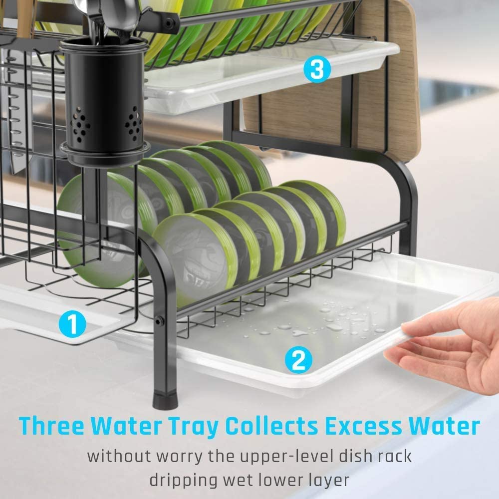Stainless Steel 2-Tier Dish Drying Rack Cutting Board Holder & Dish Drainer Black