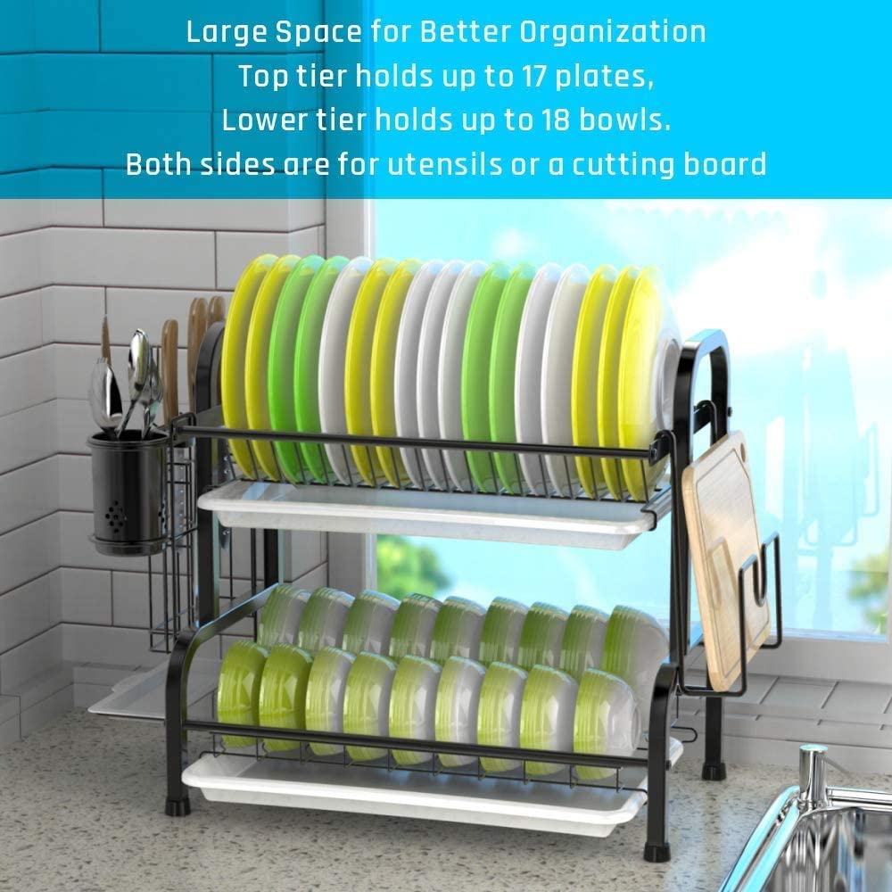 Stainless Steel 2-Tier Dish Drying Rack Cutting Board Holder & Dish Drainer Black