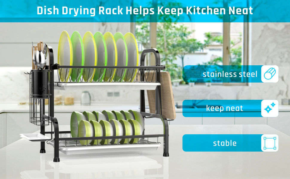 Stainless Steel 2-Tier Dish Drying Rack Cutting Board Holder & Dish Drainer Black