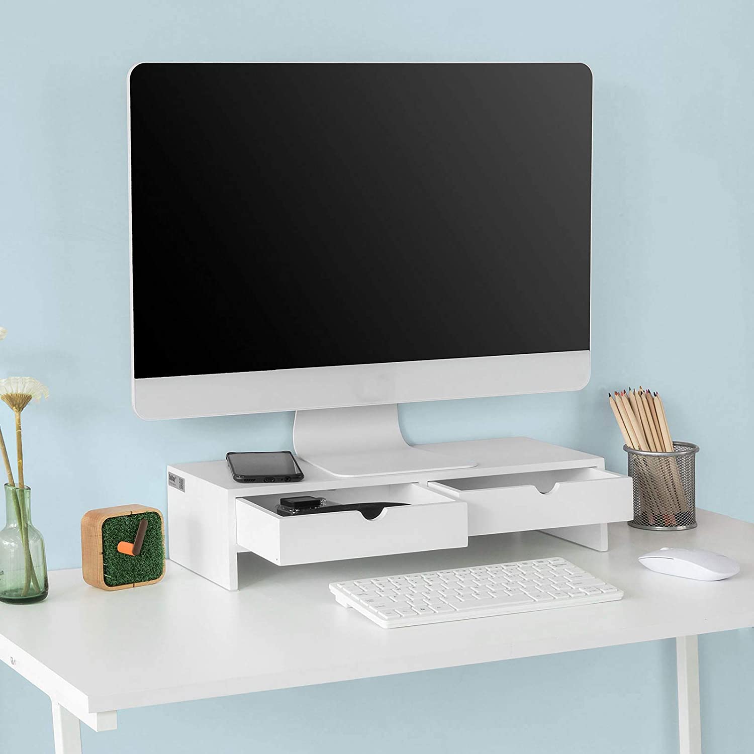 White Monitor Stand Desk Organizer With 2 Drawers