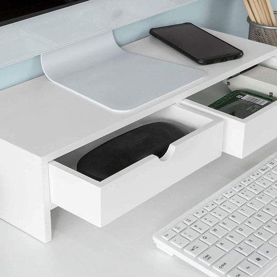 White Monitor Stand Desk Organizer With 2 Drawers | White colour